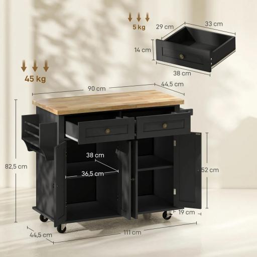  Isla de Cocina con Ruedas Mueble Auxiliar de Cocina con Especiero y Barra Lateral 111x44,5x82,5 cm Negro [1]