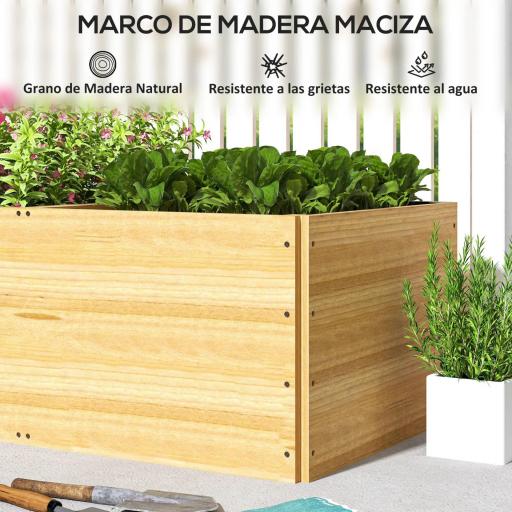 Jardinera de Madera con 3 Zonas de Cultivo y Forro Ideal para Verduras Hierbas y Flores 140x60x40cm Natural [4]