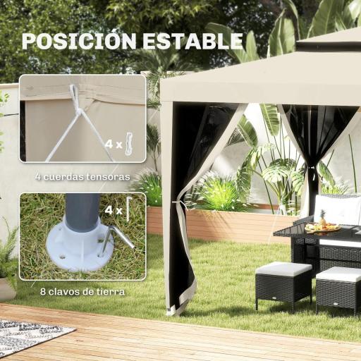 Carpa de Jardín 3x3 m Cenador Gazebo con 4 Mosquiteras Laterales Techo Doble 8 Orificios de Drenaje Marco de Metal Beige [4]