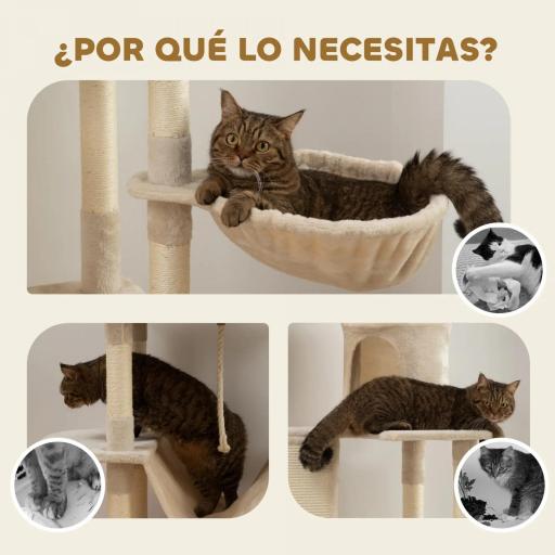 Árbol Rascador para Gatos Grande Altura 206 cm con Múltiples Niveles Cuevas Bolas Colgantes y Hamacas Beige [4]