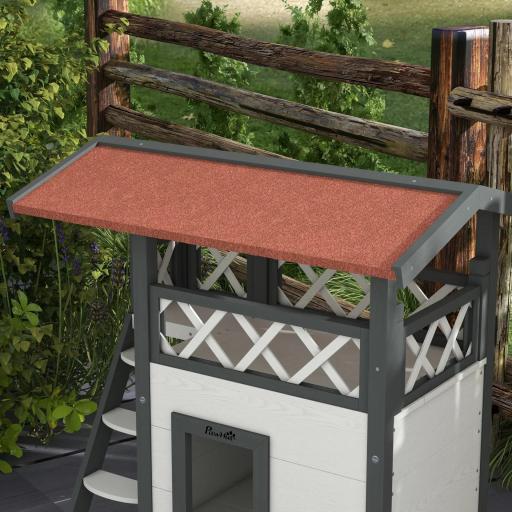 Caseta para Gatos de 2 Niveles 77x50x73 cm Refugio para Gatos con Techo Asfáltico Escalera y Balcón para Exterior Blanco [7]