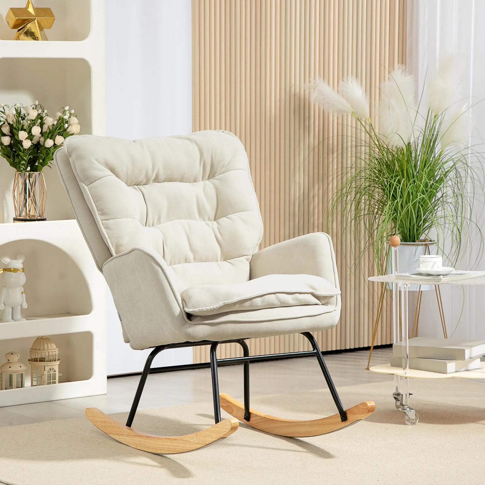 Silla Mecedora con Patas de Madera de Haya y Reposabrazos Mecedora para Lactancia Carga 120 kg para Dormitorio Beige