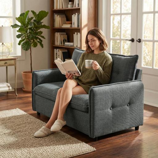 Sofá de 2 Plazas Tapizado en Lino con Acolchado Grueso, Diseño Capitoné para Espacios Pequeños 131x75x85 cm Gris Oscuro [3]