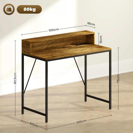 Mesa de Escritorio con Luces LED Tomas de Corriente Soporte para Monitor y Control Remoto 100x50x90,5 cm Marrón Rústico [1]