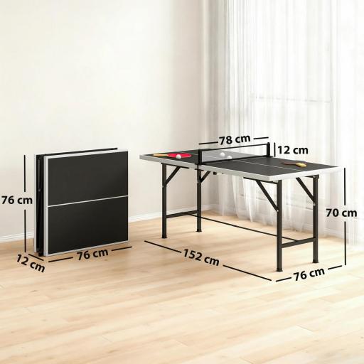 Mini Mesa de Ping-Pong Plegable con Red 2 Raquetas y 3 Pelotas para Interior y Exterior 152x76x70 cm Negro [1]