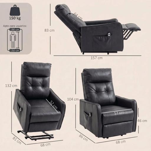 Sillón Relax Reclinable Eléctrico Levanta Personas de Cuero PU Control Remoto Asiento con Resorte Reposapiés Gris [1]