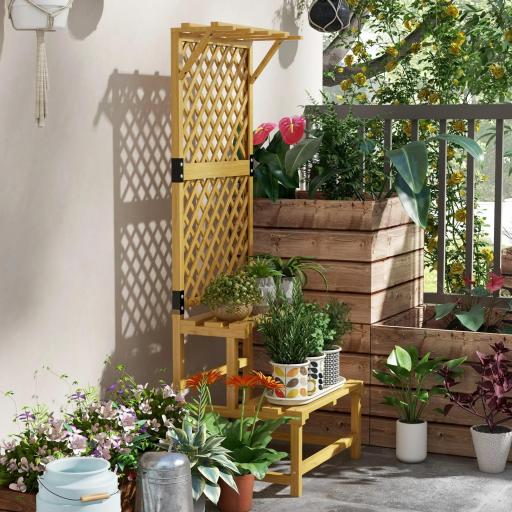 Soporte para Plantas de Madera Estantería para Plantas de 2 Niveles con Enrejado para Jardín Patio Terraza Natural [5]