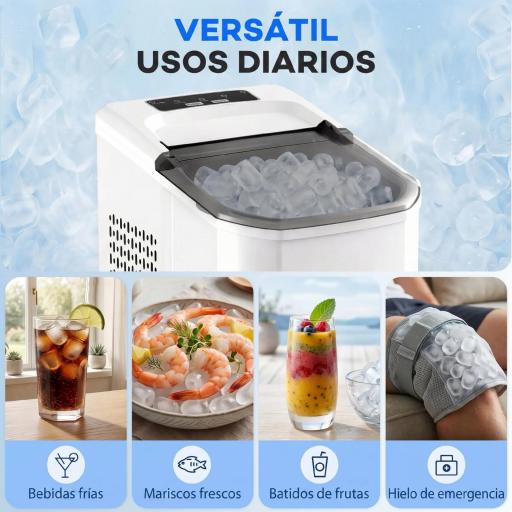 Máquina de Hielo Autolimpiable 12 kg/24H 9 Cubitos Listos en 7 Minutos 2 Tamaños de Hielo 1,5L Depósito Blanco [3]