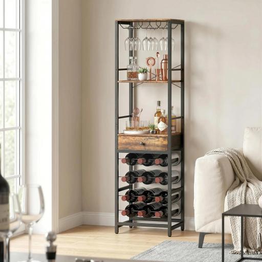 Mueble de Bar para Vinos con Soporte de Copas y Cajón Botellero para 12 Botellas con Estante Abierto Marrón Rústico