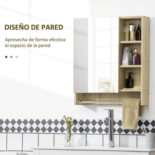 Armario de Baño de Pared con Espejo Estantes Ajustables y Toallero Diseño Compacto para Lavabo o WC 60x15x70 cm Roble [2]