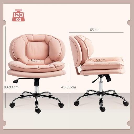 Silla de Oficina Piernas Cruzadas con Asiento Ancho Ruedas Altura Ajustable Doble Acolchado Función Basculante Rosa [1]