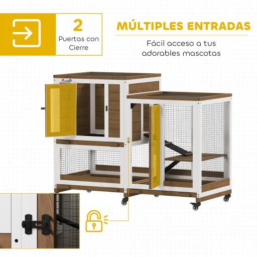 Conejera de Madera de 2 Niveles Jaula para Conejos con Ruedas Escaleras y Bandejas Extraíbles 110x50x86 cm Marrón [5]