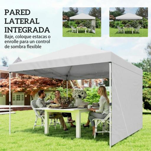 Carpa Plegable Pop-up 3x3 m con Pared Lateral UPF50+ Altura Ajustable Empuje Central Bolsa de Transporte Blanco [4]