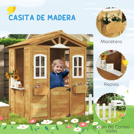 Casita Infantil Exterior de Madera con Buzón Ventanas Jardinera Mostrador y Banco para Niños a Partir de 3 Años Natural [4]
