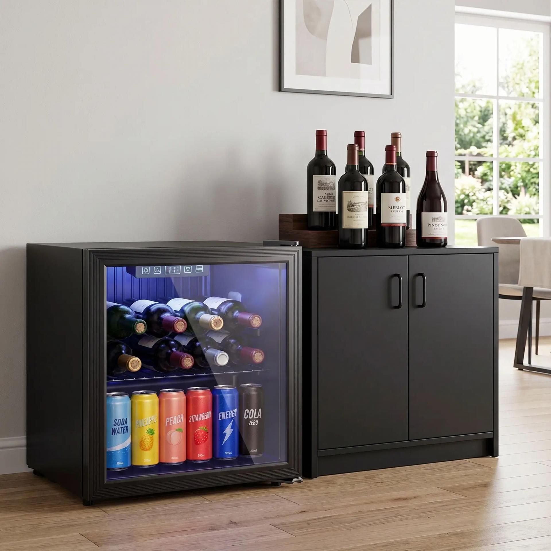 Frigorífico de Bebidas 50 L con Puerta de Vidrio Doble Iluminación LED Estante Ajustable para 48 Latas