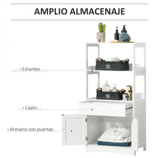 Armario de Baño con 3 Estantes Cajón y 2 Puertas Mueble de Almacenamiento de Suelo Moderno para Cocina Dormitorio Salón 60x33x122,5 cm Blanco [7]