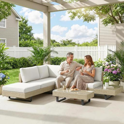 Conjunto de Jardín Exterior de Ratán de 3 Piezas con Sofá Modular de 3 y 2 Plazas Mesa Lateral Mesa de Centro Cojines [7]