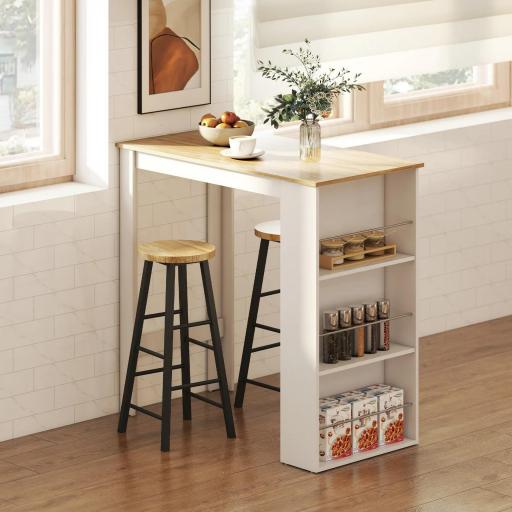 Mesa de Bar Mesa de Bistró Mesa de Comedor Mesa Alta con 3 Estantes Laterales y Estructura de Madera 112x57x106cm Blanco