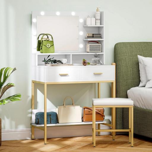 Tocador de Maquillaje con Luz y Taburete Mesa de Maquillaje con 2 Cajones y Estantes de Almacenamiento Blanco [6]
