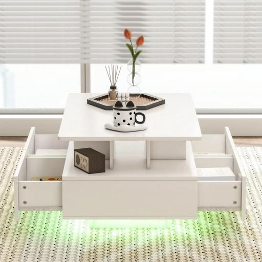 Mesa de Centro LED Moderna con 4 Cajones Estante Abierto y Luces LED de 16 Colores para Salón 90x55x41 cm Blanco Brillo [9]