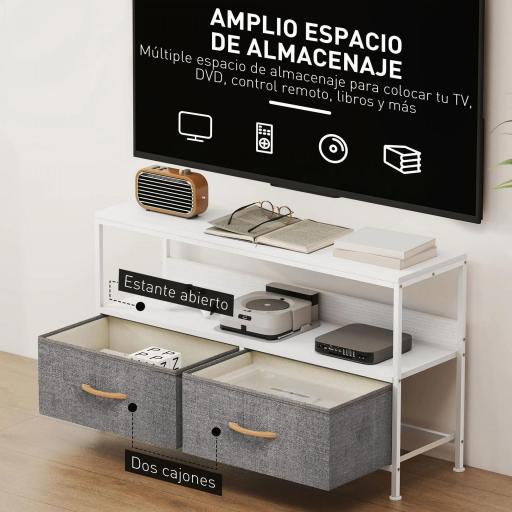 Mueble de TV con Estante y 2 Cajones de Tela Plegables para Televisores hasta 47 Pulgadas Largo de 98 cm Blanco y Gris [4]