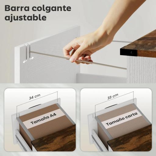 Cajonera Escritorio con 4 Cajones Soporte para Impresora con Riel Colgante para A4 y Carta 40x40x131 cm Blanco [3]