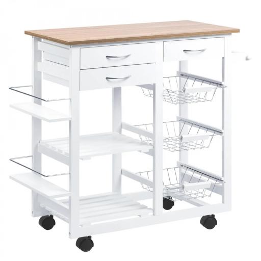 Carrito de Cocina Carro de Servicio Multifuncional con Cajones Cestas Estantes para Especias Toallero Ruedas 92x37x82 cm Blanco [3]