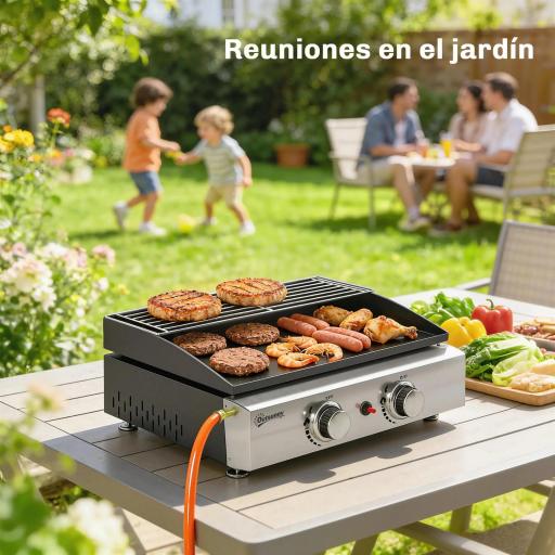 Barbacoa de Gas con 2 Quemadores 5 kW Barbacoa Portátil con Plancha Rejilla Calentadora y Recogedor Grasa Negro [3]