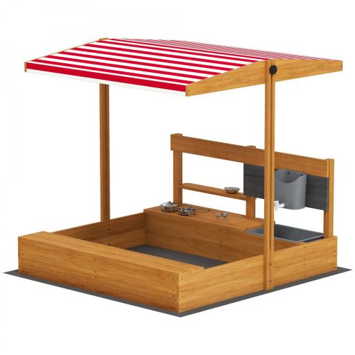 Arenero de Madera para Niños con Techo Regulable con Juguetes de Cocina Juego para Niños 3-7 Años 114x110x110 cm Marrón [8]