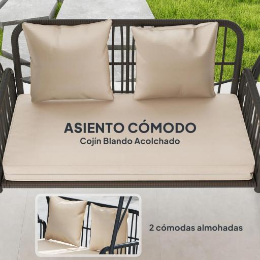 Balancín de Jardín de 2 Plazas con Toldo Retráctil Cojines y Estructura de Acero con Ratán PE 149x121x180 cm Caqui [3]