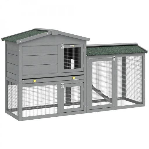 Conejera de Madera de 2 Niveles con Techo Asfáltico Bandeja Extraíble y Escalera para Exterior 150x45x85 cm Gris [8]