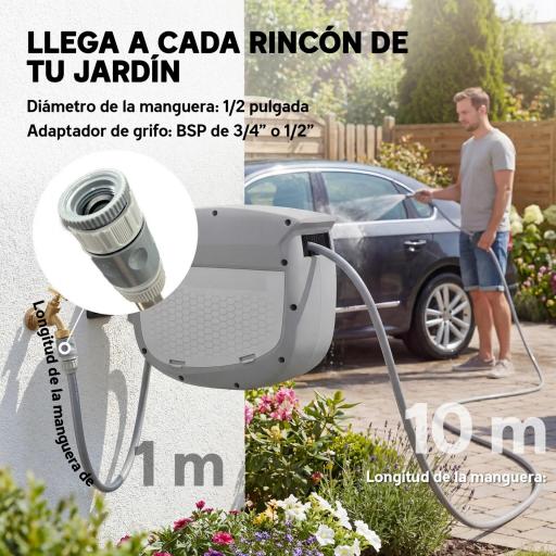 Carrete de Manguera Retráctil 10+1 m con Boquilla de 2 Modos Bloqueo Automático y Retracción Controlada Soporte Gris [2]