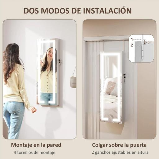 Espejo Joyero de Pared con Luces LED y Cerradura Armario de Joyas para Colgar en la Pared o en la Puerta Blanco [6]