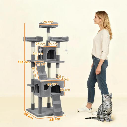 Árbol Rascador para Gatos Árbol para Gatos 153 cm con 2 Cuevas 3 Camas 2 Rampas Postes de Sisal Ratones Colgantes Gris [1]