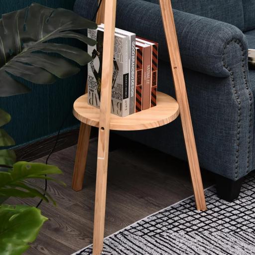 Lámpara de Pie Tipo Trípode con Estructura de Madera Natural y Pantalla de Tela Beige con Estante Integrado 50x50x154 cm [3]