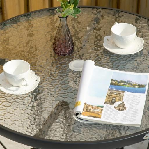Mesa de Exterior Ø80x72 cm con Agujero para Sombrilla y Encimera de Vidrio Templado para Patio Terraza Negro [6]