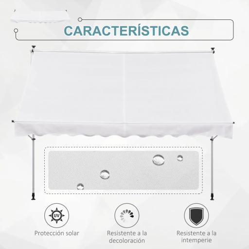 Toldo Manual Retráctil 300x150x170-280 cm con Altura Ajustable Manivela y Protección Solar para Terraza Blanco [8]