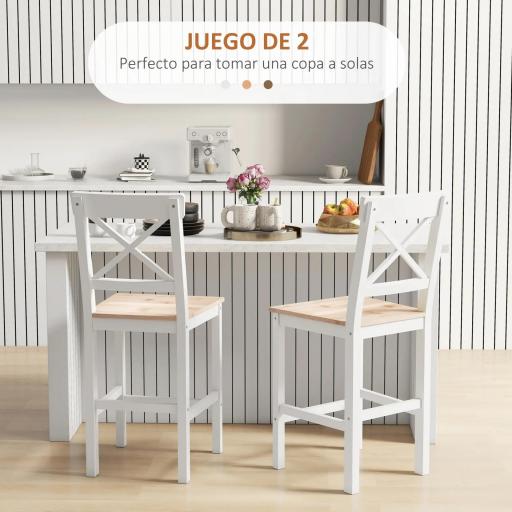 Taburetes Altos de Cocina de Madera Altura Asiento 60,2 cm con Respaldo y Reposapiés 41x46x97,5 cm Natural y Blanco [2]