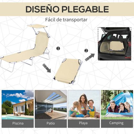Tumbona de jardín Plegable con Toldo y Respaldo Reclinable para Jardín Terraza Acampada 187x58x36cm Beige [5]
