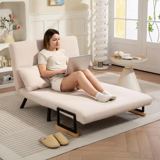 Sofá Cama Convertible 3 en 1 Sillón Cama 2 Plazas Plegable Respaldo Ajustable de 5 Niveles Almohadas 102x73x81cm Beige [4]