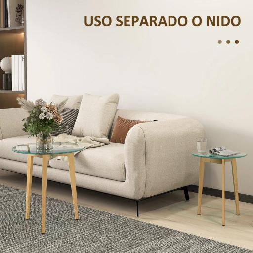 Set de 2 Mesas Auxiliares Modernas de Ø50x45 cm y Ø40x40 cm con Encimera de Vidrio Templado y Estructura de Acero [2]