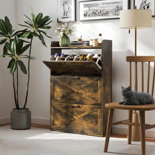 Zapatero Estrecho de 3 Cajones Abatibles para 24 Pares Diseño Rústico con Puertas de Granero 80x24x118 cm Marrón [6]