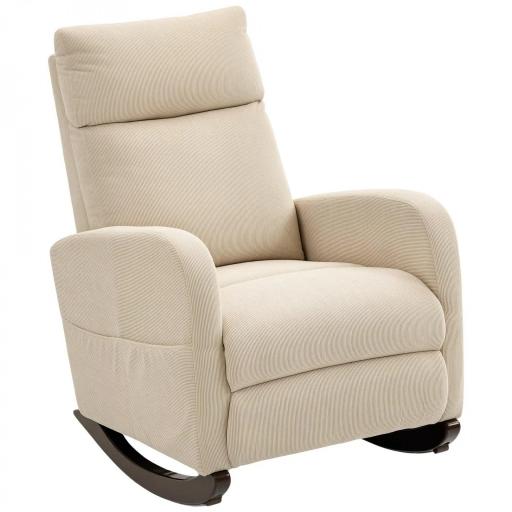 Silla Mecedora de Pana con Respaldo Alto Patas de Madera de Caucho Bolsillos Reposabrazos Estilo Moderno Beige [8]