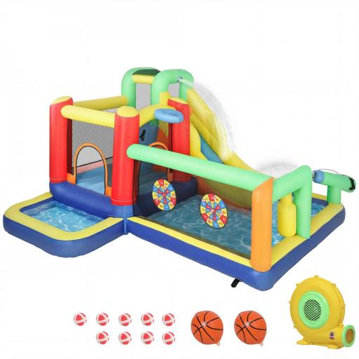 Castillo Hinchable Acuático con Soplador 550W 9 en 1 con Tobogán Trampolín Escalada 2 Piscinas Canasta Columna de Boxeo [9]