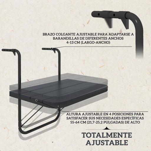 Mesa Colgante para Balcón Plegable de Aluminio con Altura Ajustable en 4 Niveles Carga 25 kg 60x40x55-64 cm Negro [1]