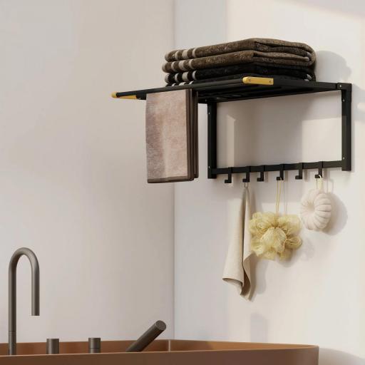 Toallero de Baño de Pared Toallero Plegable con 5 Barras y 6 Ganchos para Toallas Baño 60 cm Negro [1]