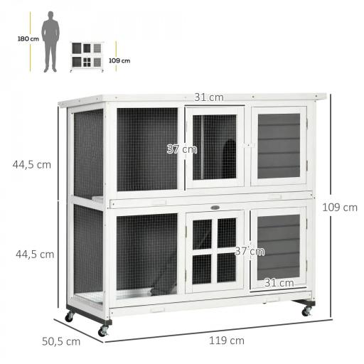Conejera de Madera de 2 Niveles con Ruedas 2 Puertas Techo y Bandejas Extraíbles 119x50,5x109 cm Blanco y Gris [1]