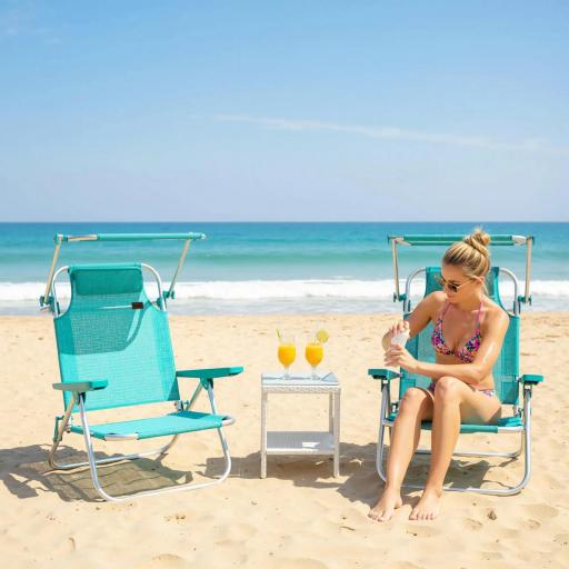 Juego de 2 Sillas de Playa Plegables con Dosel Ajustable Respaldo Reclinable en 6 Posiciones Reposacabezas Turquesa [0]