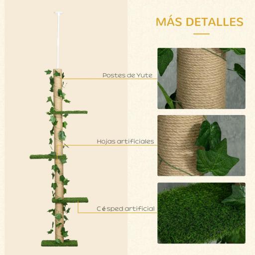 Árbol para Gatos del Suelo al Techo 37x21x202-242 cm con Altura Ajustable 4 Plataformas de Césped Artificial Verde [3]
