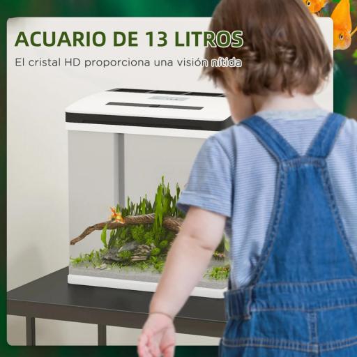 Acuario de Cristal de 13L Pecera Pequeña con Sistema de Filtro Iluminación LED Bomba de Agua 29x20x30,5 cm Blanco [3]